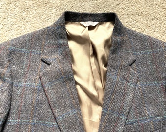 Vintage 80s Stafford Gray Multicolor Plaid Tweed Sport Coat