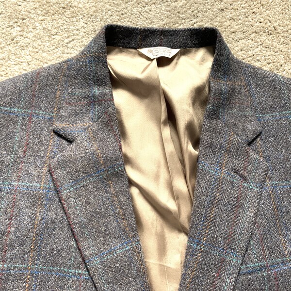 Vintage 80s Stafford Gray Multicolor Plaid Tweed Sport Coat