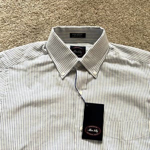 Camisa Oxford de rayas blancas y azules de Allen Solly, vintage, años 90, talla OCBD 15-32, fabricada en EE. UU.