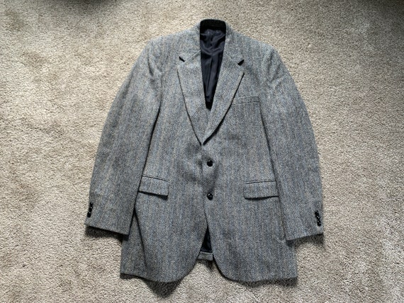 Vintage 80s Stafford Harris Tweed Gray Tan Herringbone Sport Coat