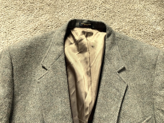 Vintage 80s Di Silver Green Tan Herringbone Tweed Sport Coat 46 48