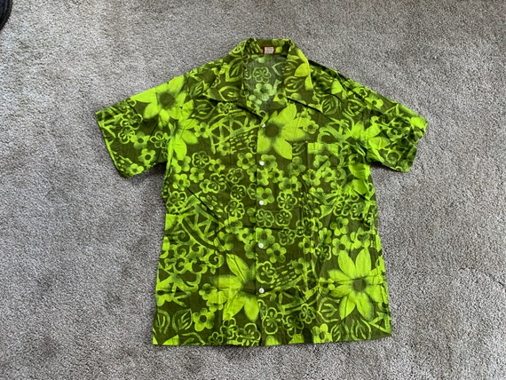 Vintage 60s Sears Green Floral Hawaiian Shirt XL - image 2