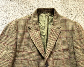 Vintage 60er Jahre Cape Cod Olive Maroon karierter Tweed Sack Sport Mantel 41