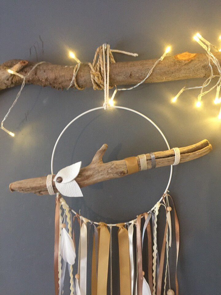 Attrape-Rêves Bois Flotté Moutarde Gris Écru Cuivre