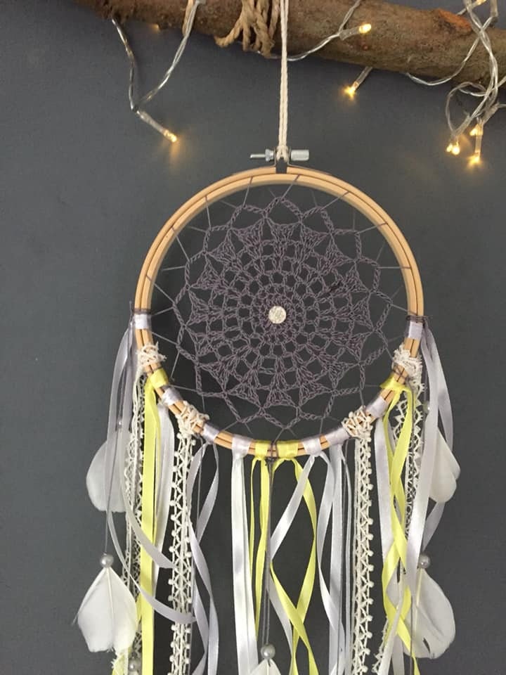 Attrape Rêves Gris Jaune Blanc Fait Main