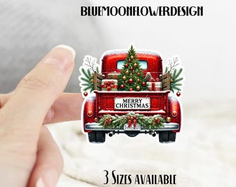 Cherry Red Pickup Truck, Merry Christmas Sticker, Christmas Sticker, Color Sticker, Christmas Gift,  sizes to choose from. Fun Holiday Gift