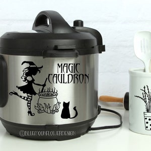 Instant Pot Vinyl Decal | Magic Cauldron with Cute Witch Stirring the Pot-Black Cat | Instapot | Pressure Cooker | IP