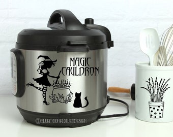 Instant Pot Vinyl Decal | Magic Cauldron with Cute Witch Stirring the Pot-Black Cat | Instapot | Pressure Cooker | IP