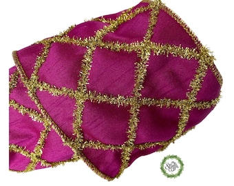 Wired ribbon, hot pink,gold, lime , 5 yards x 4” fuchsia/lime dupioni with gold tinsel