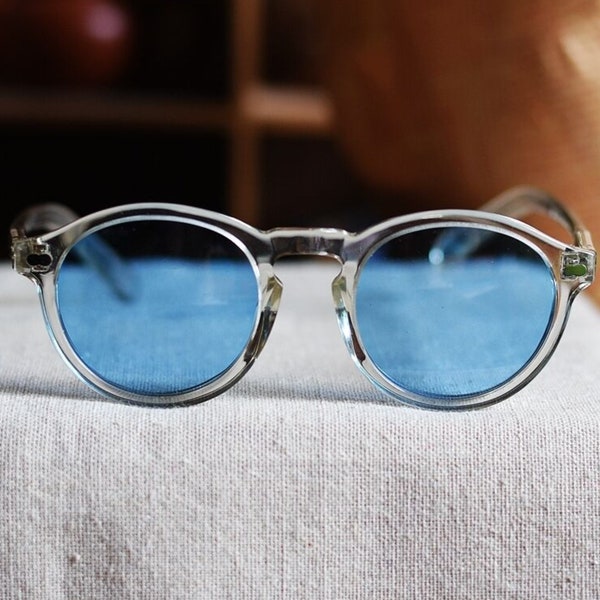 Johnny Depp sunglasses men's round acetate glasses crystal frame blue lens gift can custom your own rx