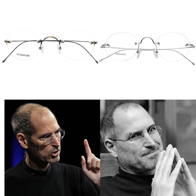 Silver Titanium Rimless Glasses Steve Jobs Style Retro Frames Can
