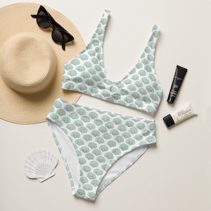 Blue Scallop Bikini, Eco-friendly High-waisted Bathing Suit