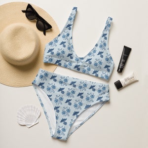 Blue Cottage Core Bikini | Eco-friendly high-waisted Bathing Suit