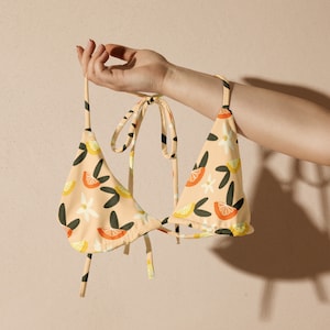 Lemon and Orange Citrus String Bikini Top Eco-friendly | Comfy Coconut Beach Girl | Coconut Girl | Trendy Tropical Vacation Swim Suit