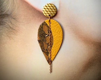 Leather and cork "leaf" earrings