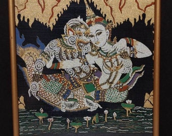 Vintage Thai Silk Painting Ramayana Sita & Hanuman 10x12