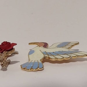 Vintage Enamel & Metal Bird Brooch Rose Flower Brooch Pin Jewelry Lot of 2 image 4