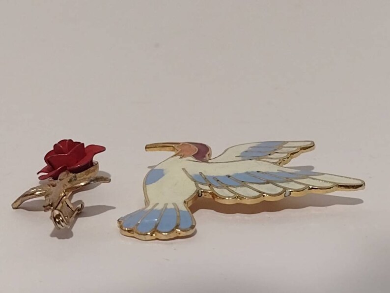 Vintage Enamel & Metal Bird Brooch Rose Flower Brooch Pin Jewelry Lot of 2 image 4