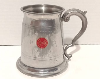 Vintage Eales of Sheffield English Pewter Stein Mug Eagely Fire Department Alum Made in England 6"