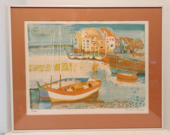 Vintage Hand Signed Georges Lambert Stone Lithograph Coastal Seascape Docked Boats 27x22