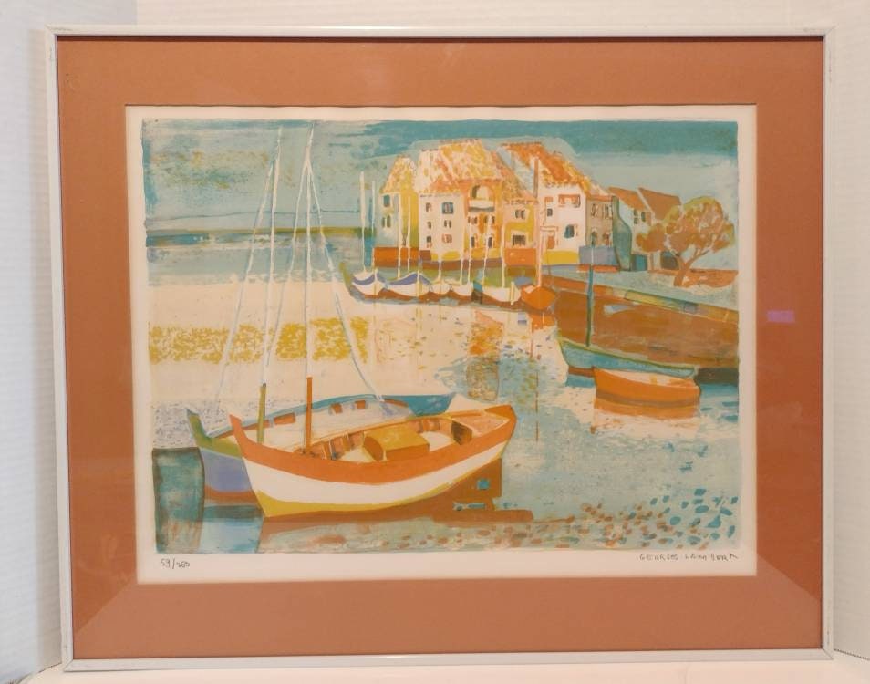 Vintage Hand Signed Georges Lambert Stone Lithograph Coastal