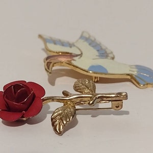 Vintage Enamel & Metal Bird Brooch Rose Flower Brooch Pin Jewelry Lot of 2 image 3