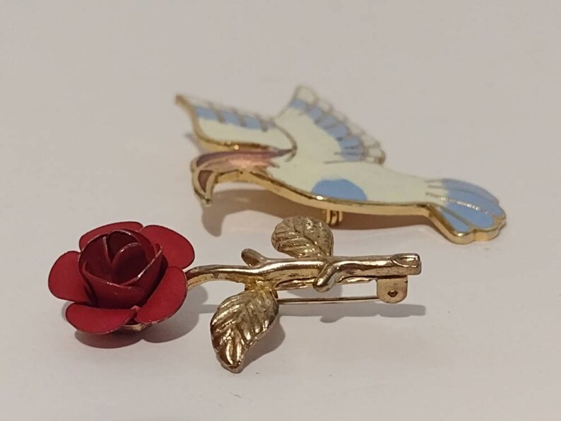 Vintage Enamel & Metal Bird Brooch Rose Flower Brooch Pin Jewelry Lot of 2 image 3