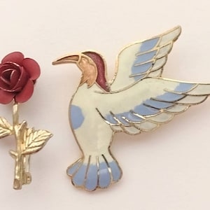 Vintage Enamel & Metal Bird Brooch Rose Flower Brooch Pin Jewelry Lot of 2 image 1