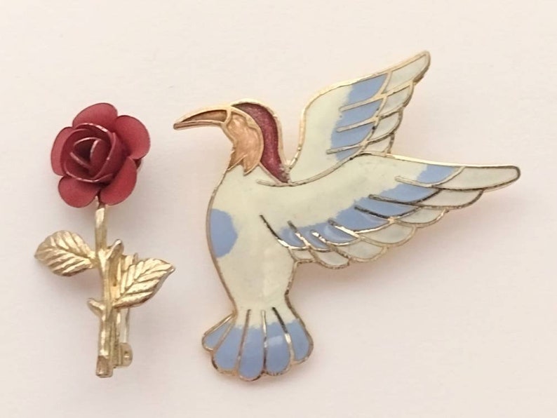 Vintage Enamel & Metal Bird Brooch Rose Flower Brooch Pin Jewelry Lot of 2 image 1