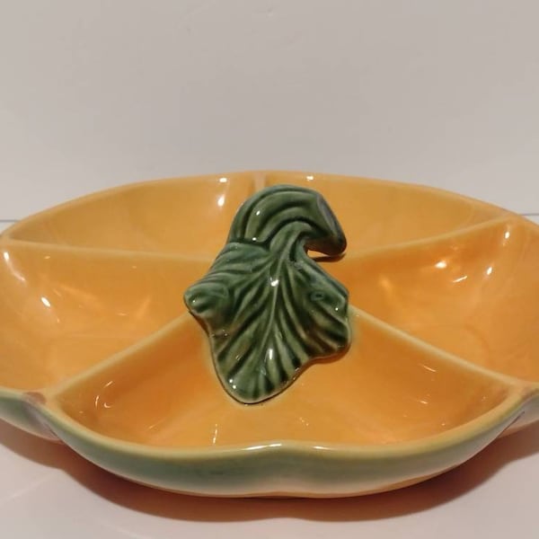 Olfaire Portugal Pottery Ceramic Pumpkin Leaf Antipasto Dish Candy Bowl Thanksgiving Bowl Halloween Bowl Autumn Bowl Holiday Bowl 11"