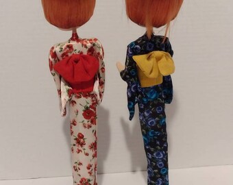 Vintage 1966 Handmade Soft Sculpture Kimono Big Head Dolls