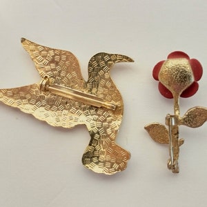 Vintage Enamel & Metal Bird Brooch Rose Flower Brooch Pin Jewelry Lot of 2 image 6