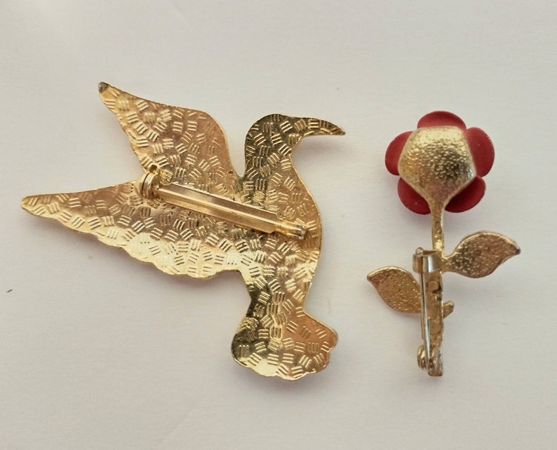 Vintage Enamel & Metal Bird Brooch Rose Flower Brooch Pin Jewelry Lot of 2 image 6
