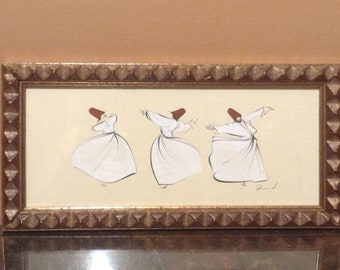 Signed Arabic Gouache Painting Whirling Dervishes Sufi Art 12x6