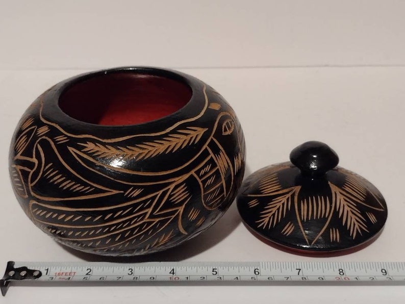 Indigenous Hand Carved & Painted Wood Painted Bird Floral Bowl Container Box Stash Box 6 image 8