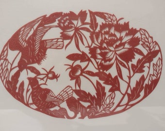 Framed Chinese Paper Cut Birds and Flowers Asian Art Home Decor 17x13