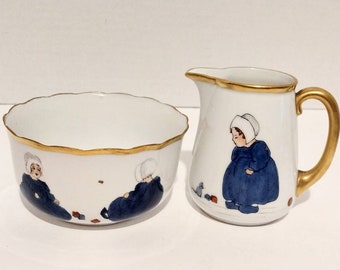 Vintage Hand Painted Porcelain Monogrammed Baby Bowl & Mini Pitcher Set