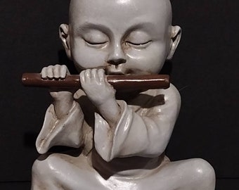 Vintage Baby Buddha Buddhist Monk Flute Player Resin Garden Art Sculpture 6"