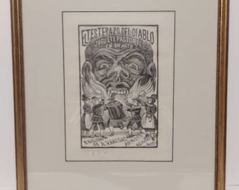 Vintage 1924 Jose Guadalupe Posada Woodcut El Testerazo del Diablo "Testing the Devil" Proof EMW 13x15