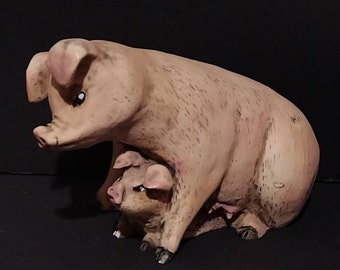 Vintage Signed Folk Art Sow & Piglet Resin Sculpture Italy Pig Figurine 5"