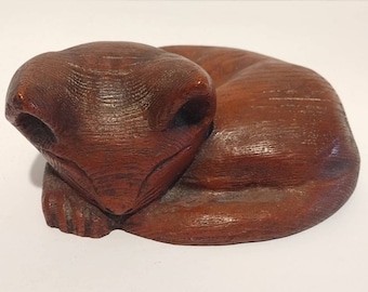 Vintage Carved Wood Napping Cat Sculpture 6"