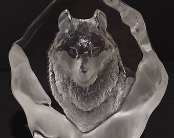 Vintage Signed Mats Jonasson Lead Crystal Wolf Sculpture Sweden 8"