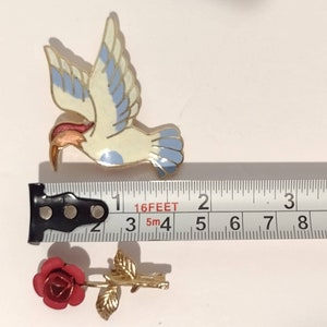 Vintage Enamel & Metal Bird Brooch Rose Flower Brooch Pin Jewelry Lot of 2 image 7