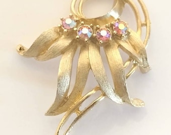 Vintage Art Nouveau Style Gold Metal & Rhinestone Floral Pendant  Necklace Costume Jewelry 10"