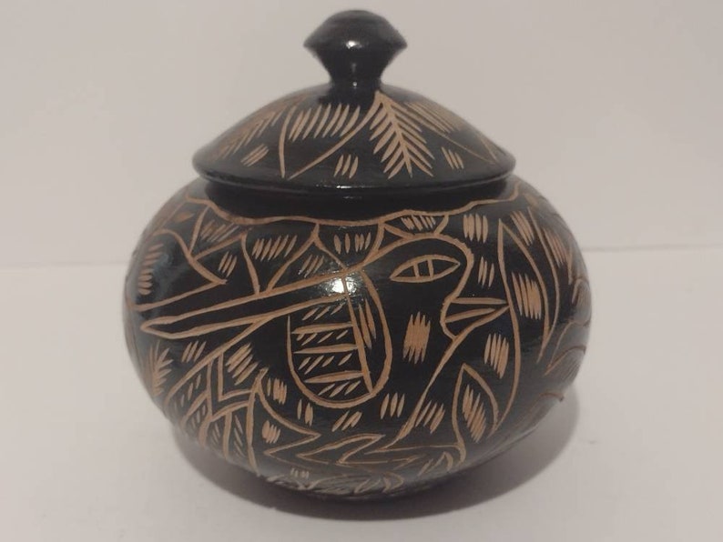 Indigenous Hand Carved & Painted Wood Painted Bird Floral Bowl Container Box Stash Box 6 image 1