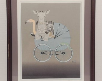 Vintage Signed & Numbered Rick Strittmater Serigraph 3/50 Safari Animals Baby "Carriage" Original Art 15x19