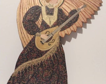 Vintage Signed Mixed Media Painted Wall Hanging Winged Granny Playing Oud Folk Art 13x20