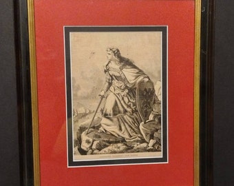 Antique Engraving Lorenz Clasen "Germania Guarding The Rhine" 12x15