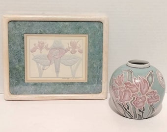 Vintage Artist Signed Embossed Paper Mixed Media & Floral Ceramic Vase Set Home Decor