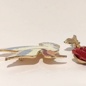 Vintage Enamel & Metal Bird Brooch Rose Flower Brooch Pin Jewelry Lot of 2 image 2